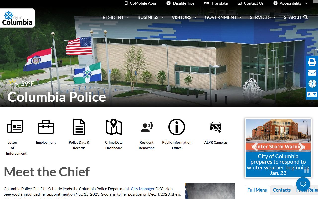 Columbia Police Department homepage for booking reports