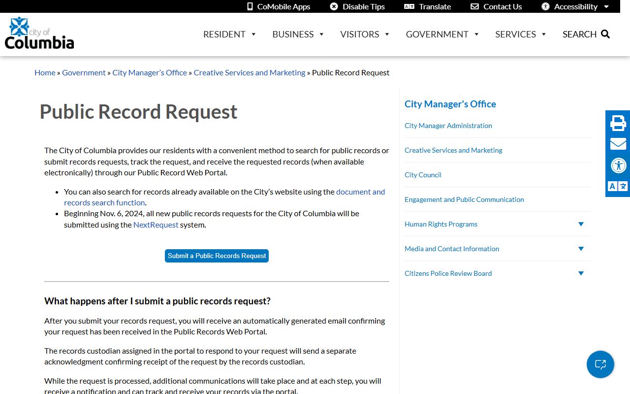 Columbia public records request portal for booking reports
