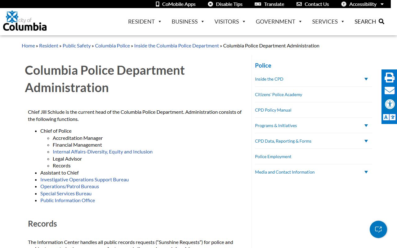 Columbia Police Department administration page for booking reports