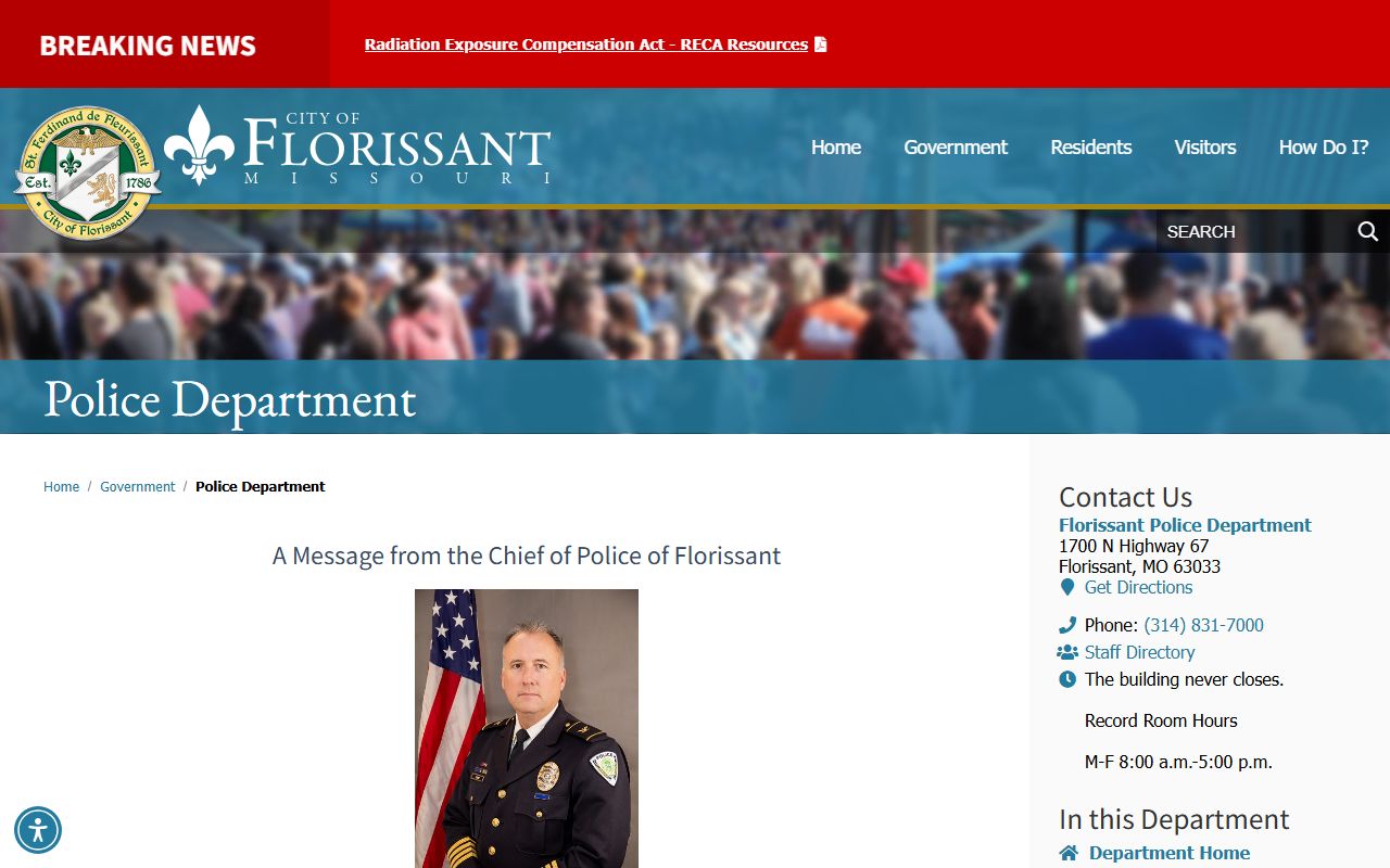 Florissant Police Department homepage for booking reports
