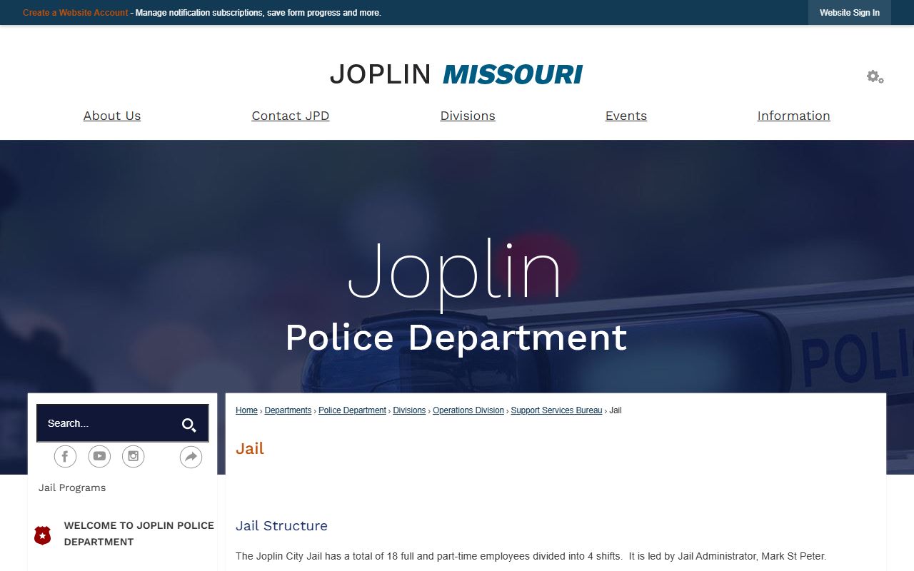 Joplin City Jail facility information for booking reports