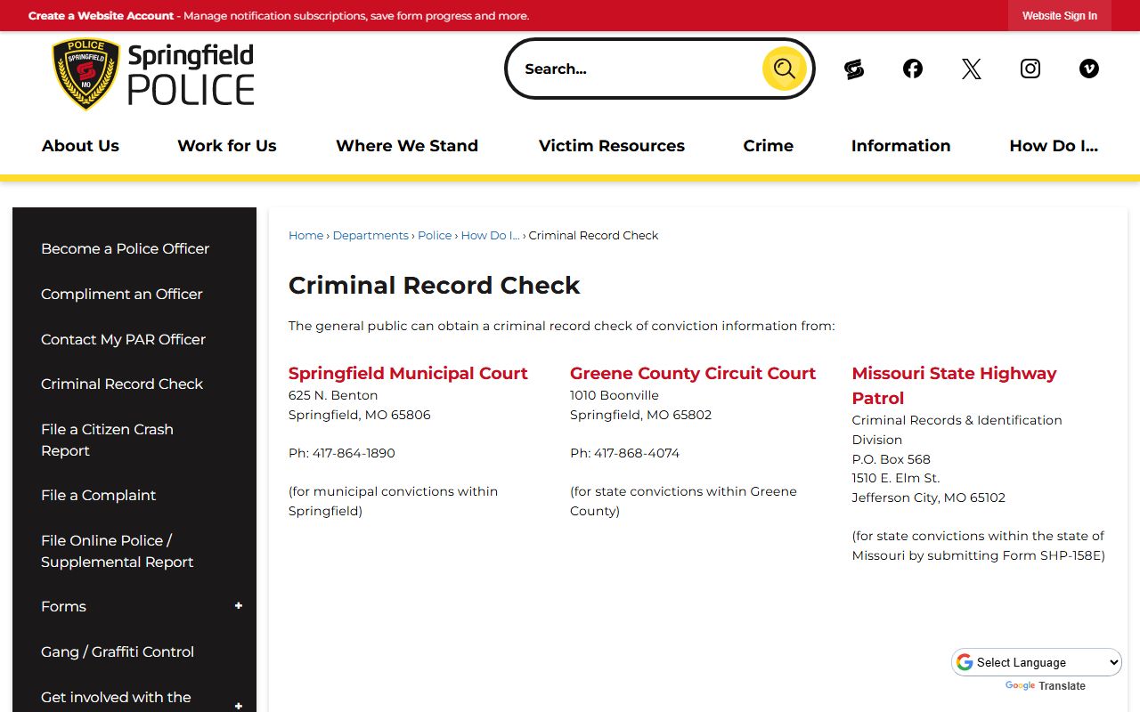 Springfield criminal record check page for booking reports