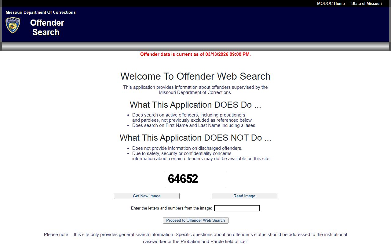 Missouri Department of Corrections offender search portal for booking reports