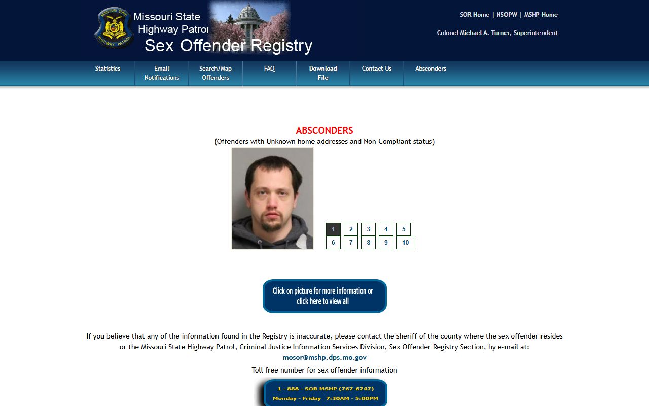 Missouri Sex Offender Registry search page for booking reports research