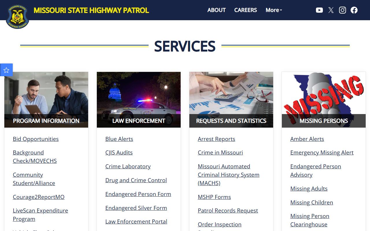 Missouri State Highway Patrol services page for booking reports requests