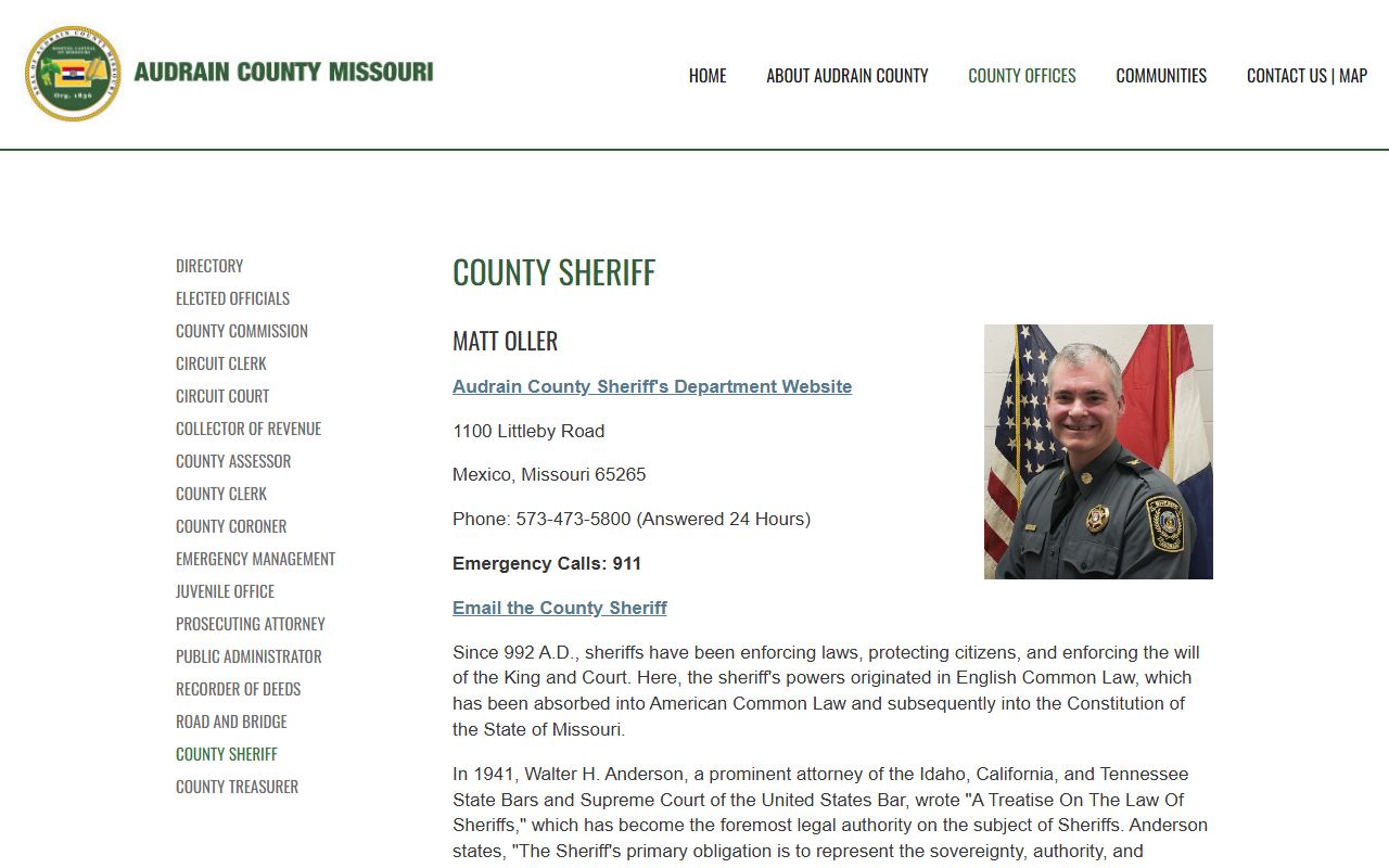 Audrain County Sheriff's Office website with booking report access