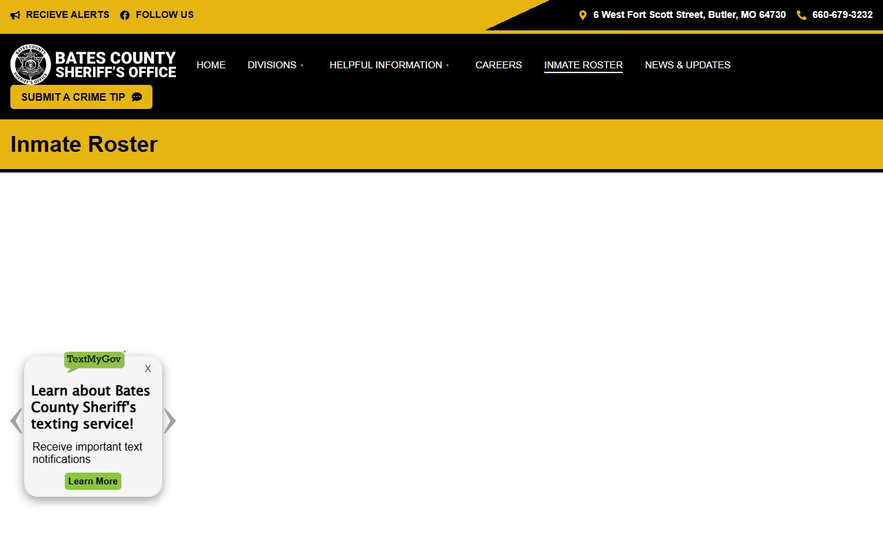 Bates County Sheriff inmate roster with booking reports