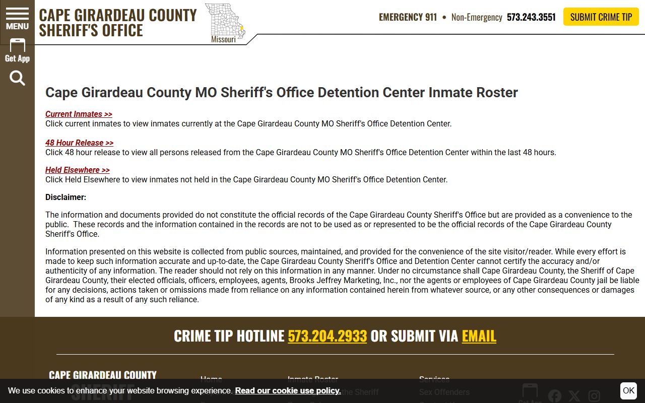 Cape Girardeau County Sheriff website for booking reports
