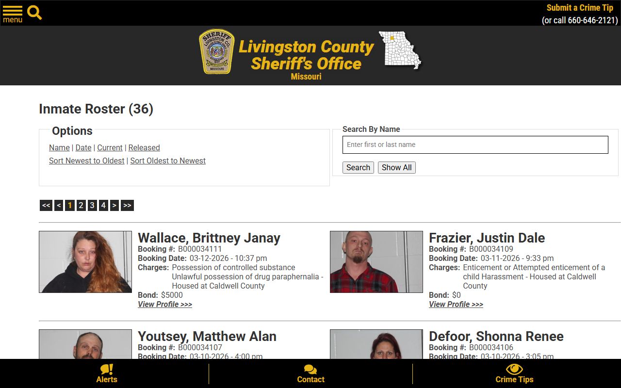 Livingston County Sheriff's Office website with booking reports and inmate roster