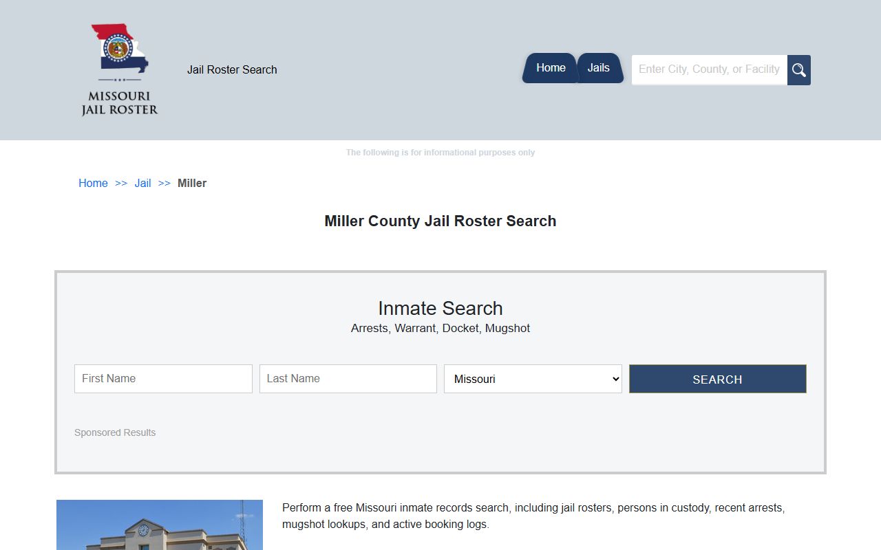 Miller County jail roster search showing booking reports and inmate data