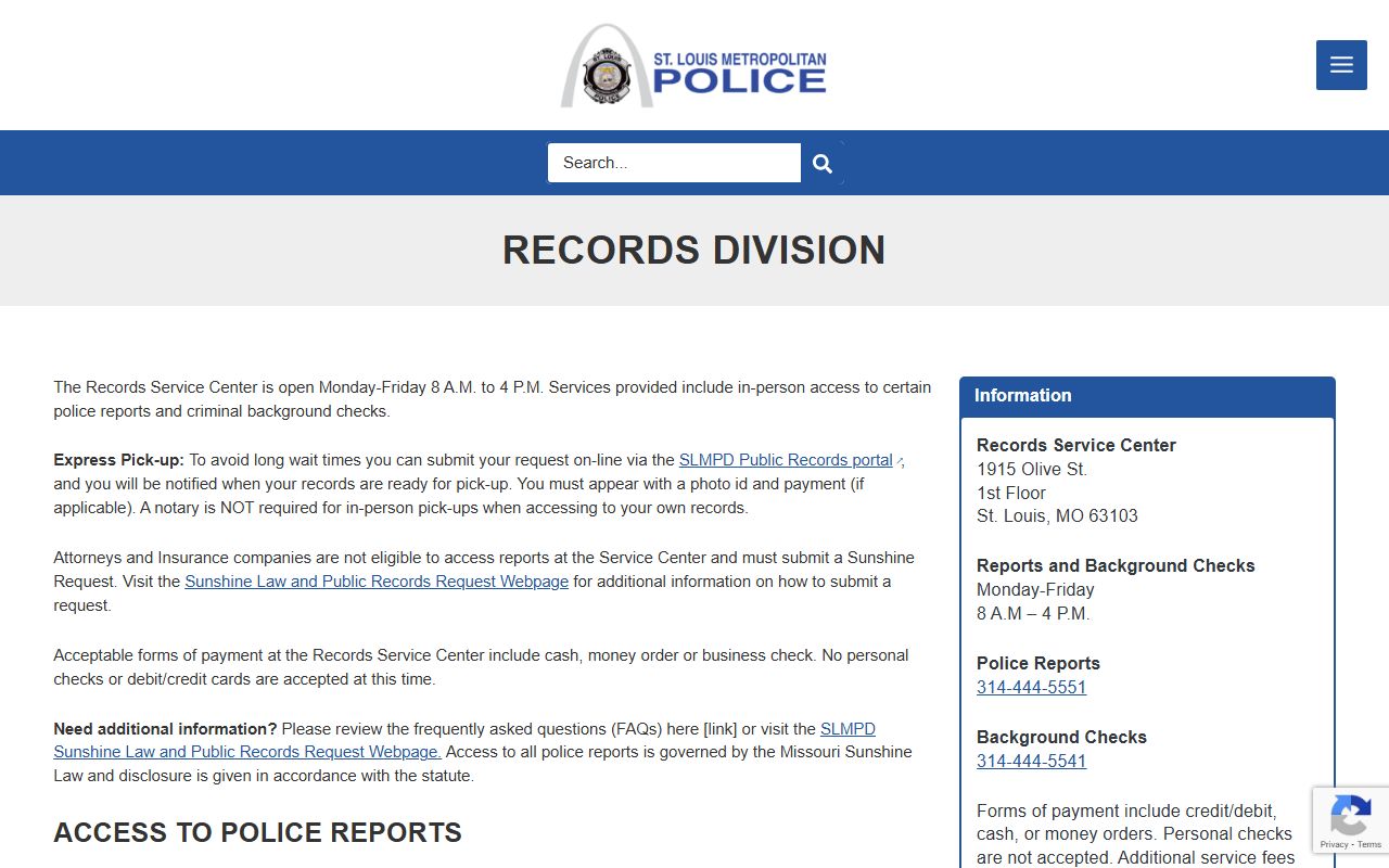 SLMPD Records Division for St. Louis booking reports