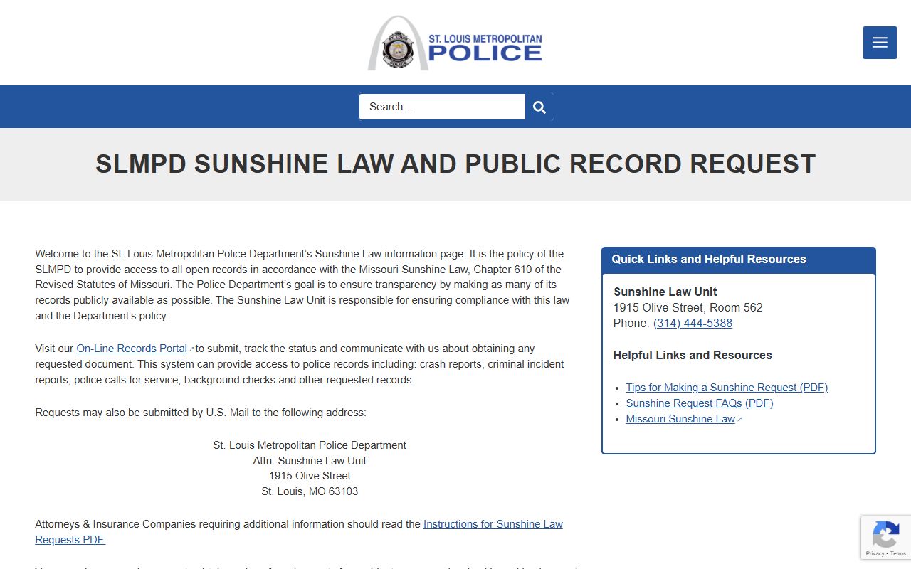 SLMPD Sunshine Law portal for booking report requests