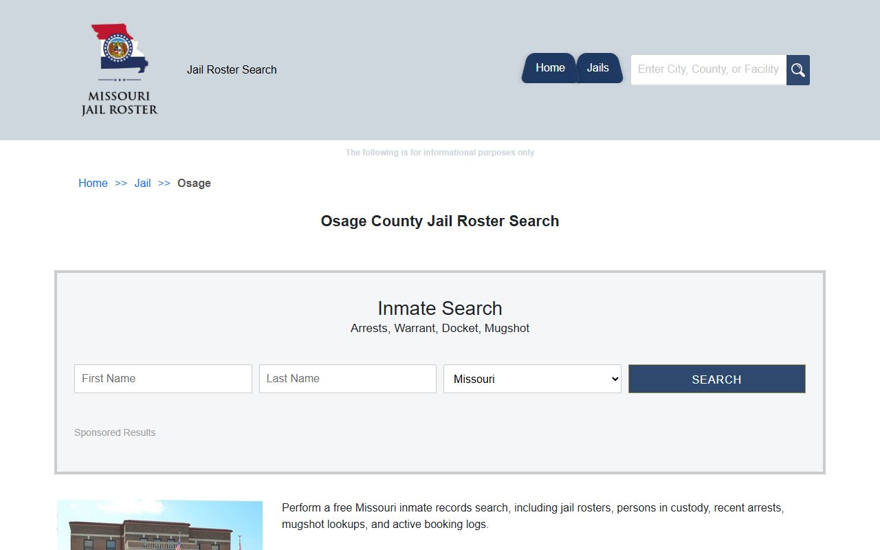 Osage County jail roster search showing booking reports and inmate data