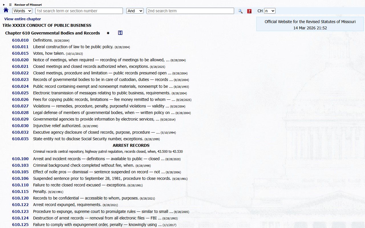 Missouri Sunshine Law statutes governing access to booking reports